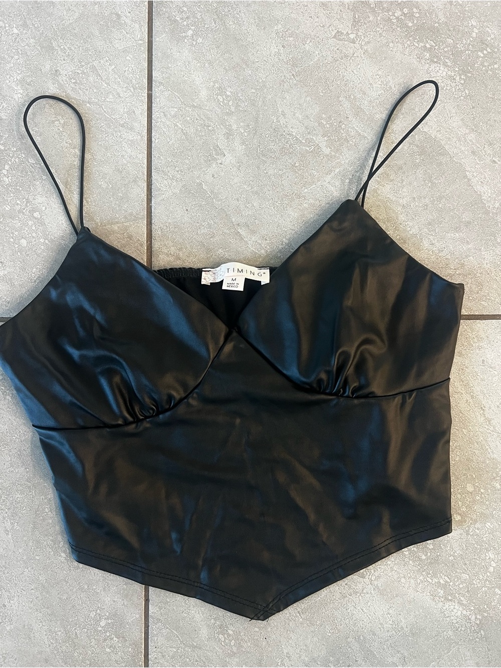 Timing Black Faux Leather Spaghetti Strap Bustier Crop Top